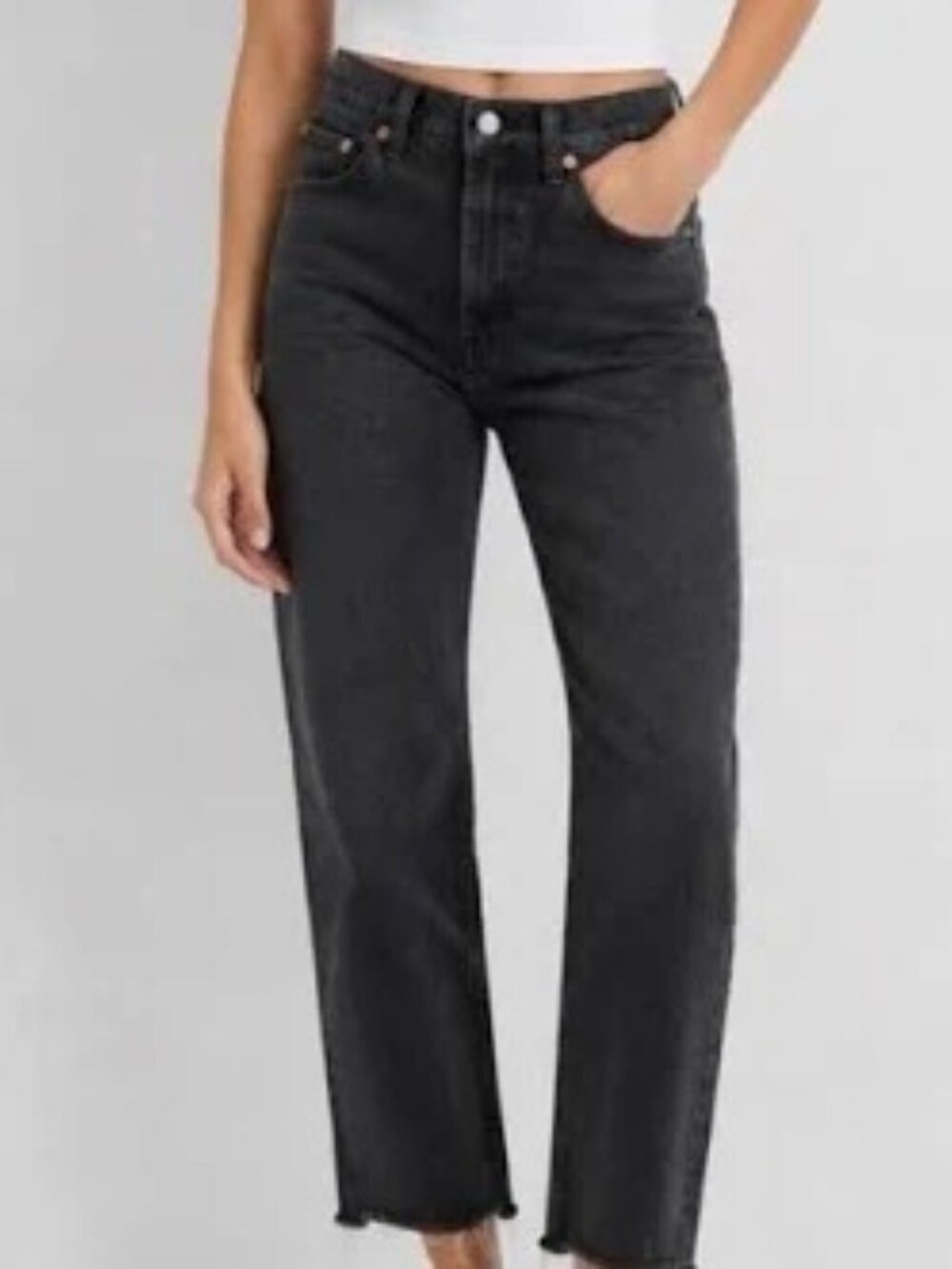 Gap Cheeky Straight High Rise Jeans Women's 34R Washed Black Raw Hem Button Fly